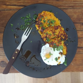 RECIPE: Butternut Pumpkin Fritters with Poached Egg and Chili Oil